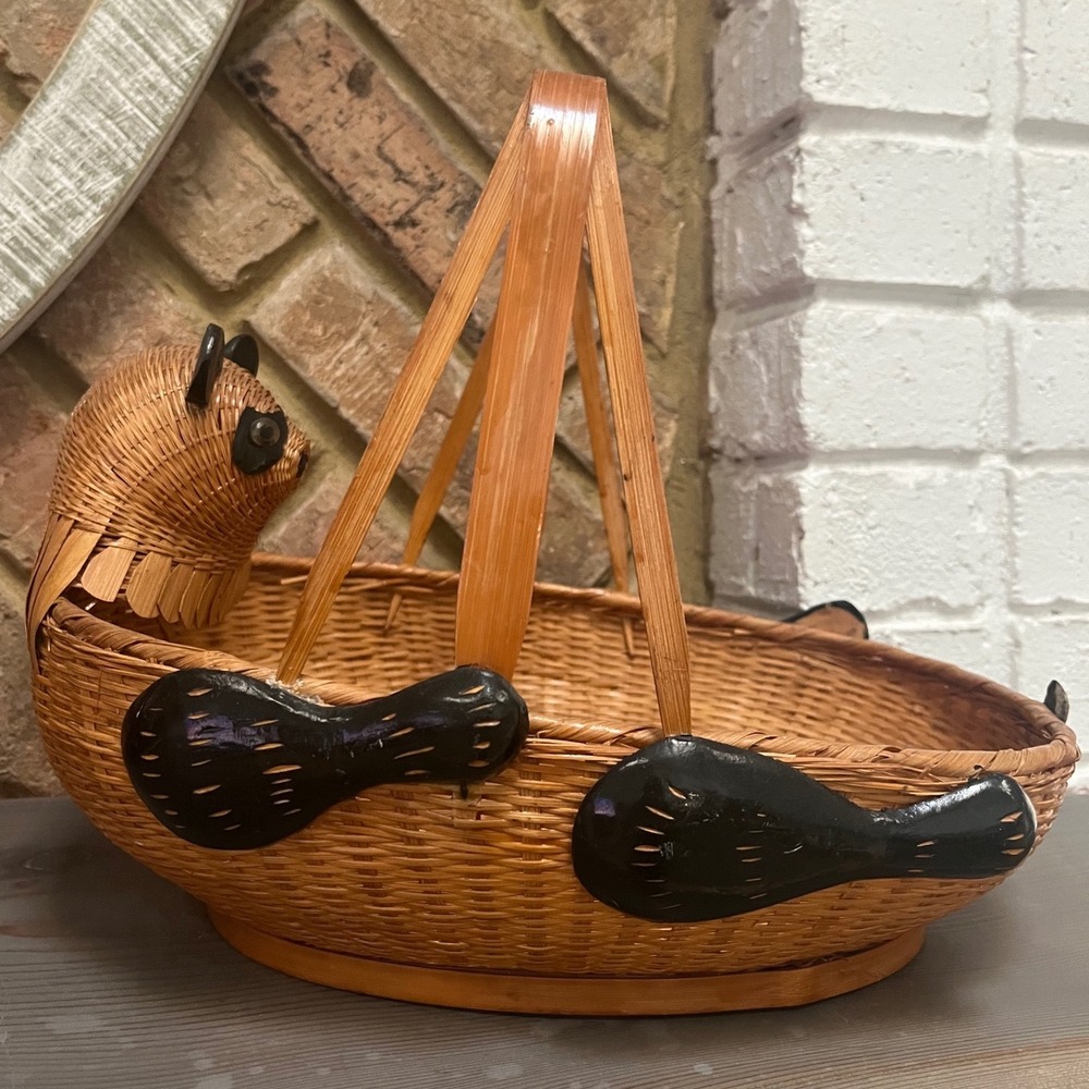 Vtg Shanghai Wicker Rare Panda basket wood and wicker Boho woven rattan Folk Art